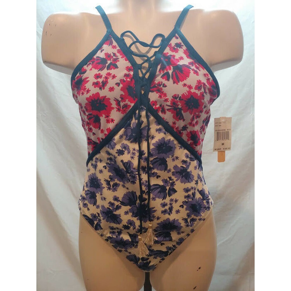 NEW Gibson & Latimer Dillards Medium One Piece Swimsuit Floral Lace Up Medium